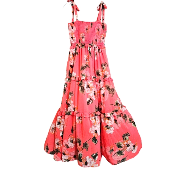 Nwot Stylish Nature Coral Pink Floral Smocked Elastic Bodice Tiered Maxi… - Picture 6 of 15